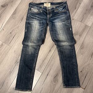 Big Star Dark Wash Distressed Rhinestone Studs Slim Leg Jenae 28 Western Cowgirl